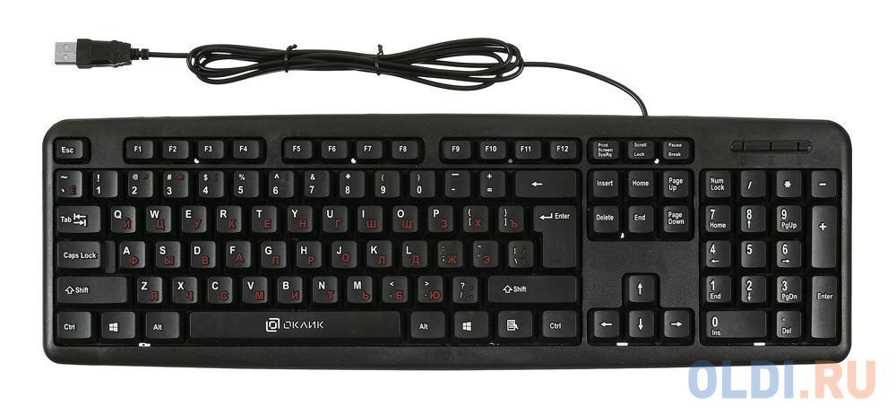 Клавиатура Oklick 180M V2 Black USB, цвет цвет английских букв - белый, цвет русских букв - красный - фото 3