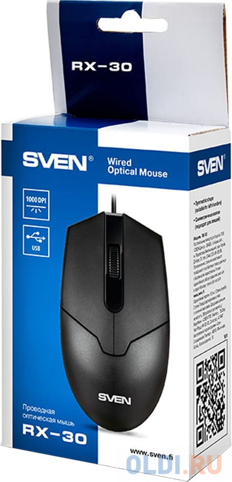 Мышь SVEN RX-30 USB чёрная, 2+1кл. 1000DPI, цвет. картон, кабель 2м. фото