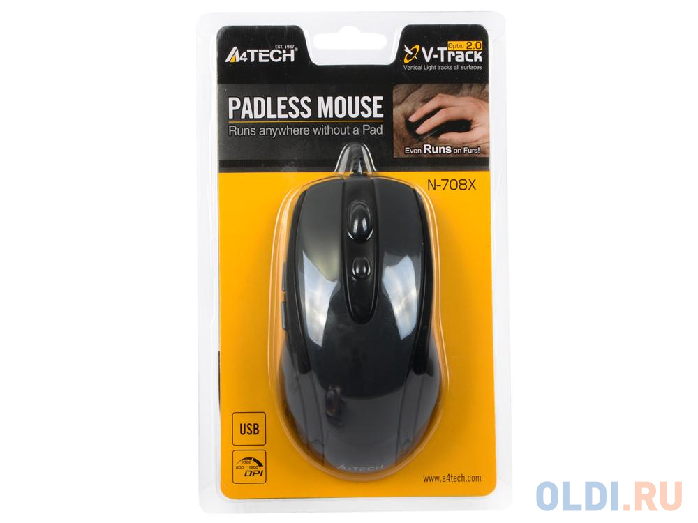 Мышь проводная A4TECH N-708X-1 V-Track Padless чёрный серый USB мышь проводная a4tech fstyler fm10 чёрный серый usb 1147673