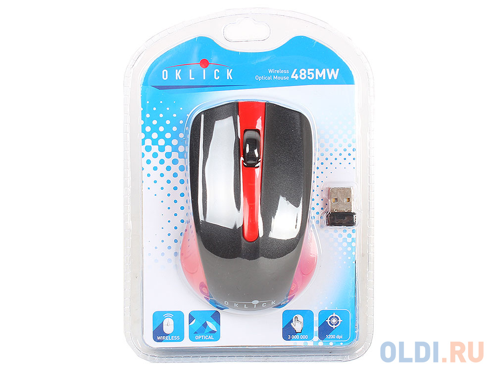 Мышь Oklick 485MW black/red optical (1200dpi) cordless USB (2but)