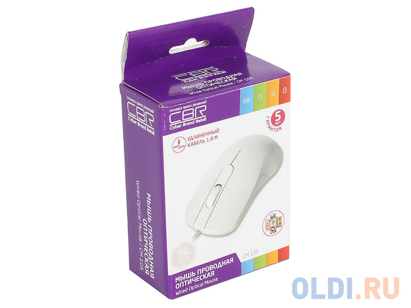 Мышь CBR CM 105 White, оптика, 1200dpi, офисн., провод 1,8м, USB фото