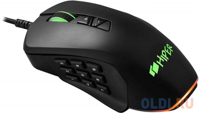 Игровая мышь HIPER Quantum Q-M2 чёрная (USB, 9 кнопок, 6400 dpi, сменные панели) мышь sven rx 30 usb чёрная 2 1кл 1000dpi картон кабель 2м