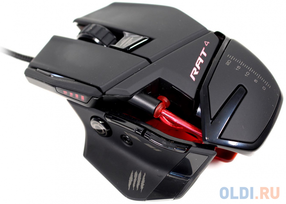 Игровая мышь Mad Catz  R.A.T. 4+ чёрная (PMW3330, USB, 9 кнопок, 7200 dpi, красная подсветка) игровая мышь mad catz m o j o m1 чёрная pmw3360 mad catz dakota switch usb 6 кнопок 12000 dpi rgb подсветка