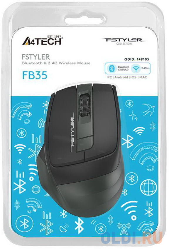 Мышь беспроводная A4TECH Fstyler FB35 чёрный зелёный USB + радиоканал фото