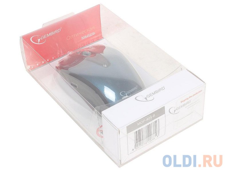 Мышь Gembird MOP-405-B, USB, синий, объемный цвет, бесшумный клик, 2кн., 1000DPI, блистер фото