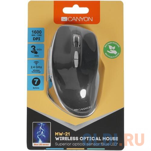 Canyon  2.4 GHz  Wireless mouse ,with 7 buttons, DPI 800/1200/1600, Battery: AAA*2pcs,Black,72*117*41mm, 0.075kg фото