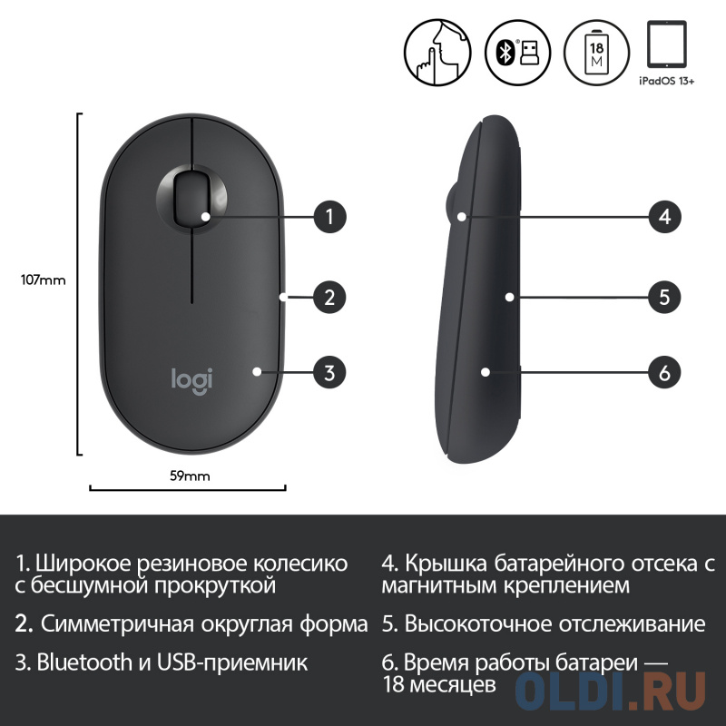 Мышь беспроводная Logitech Pebble M350 чёрный USB + Bluetooth фото