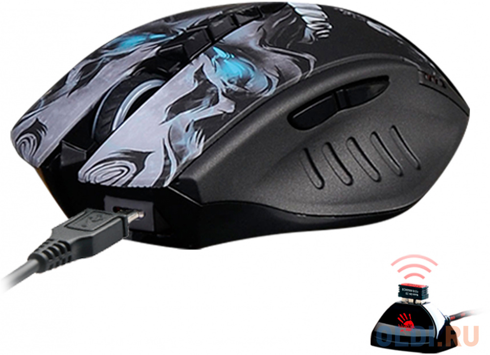 Мышь беспроводная A4TECH R80 Plus Skull чёрный рисунок USB + радиоканал фото