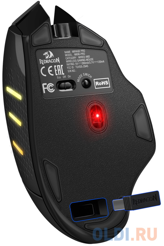 Беспроводная игровая мышь REDRAGON MIRAGE PRO чёрная (USB, 2.4G, Huano, 8 кн., 8000 Dpi, RGB подсветка, 700 мАч) фото