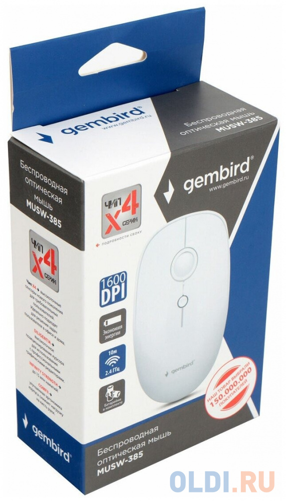 Мышь беспров. Gembird MUSW-385, 2.4ГГц, 2 кнопки + колесо кнопка,1000DPI белый глянец - фото 4