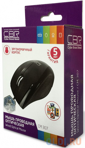 Мышь CBR CM-307 Black, 1200 dpi, провод 1,3м, USB фото