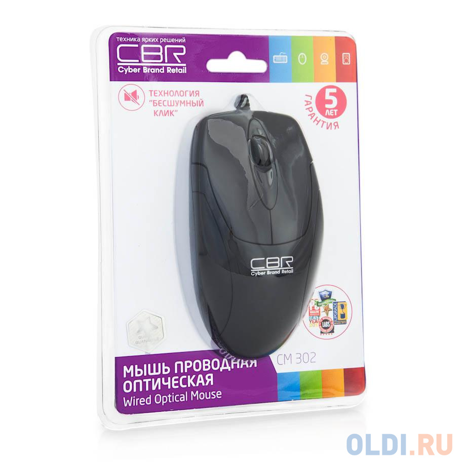 Мышь CBR CM-302 Black, 1200 dpi, оптика, бесшумное нажатие, провод 1.25 метра,  USB фото