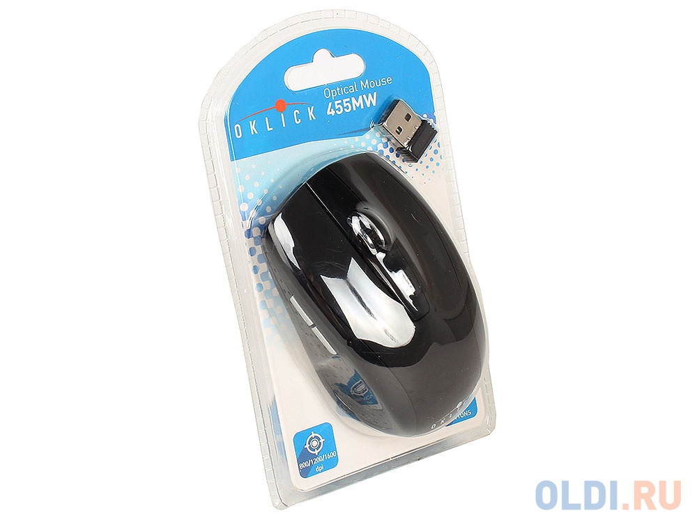 Мышь Oklick 455MW black optical (1600dpi) cordless USB (5but)