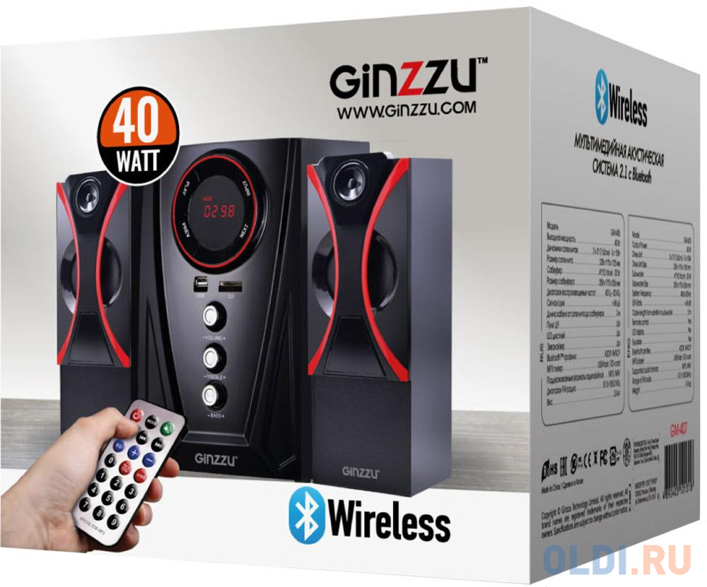Ginzzu GM-407 2.1 с Bluetooth, выходная мощность 20Вт + 2х10Вт, аудиоплеер USB-flash, SD-card, FM-радио, пульт ДУ - 21 кнопка, стерео вход (2RCA), экв фото