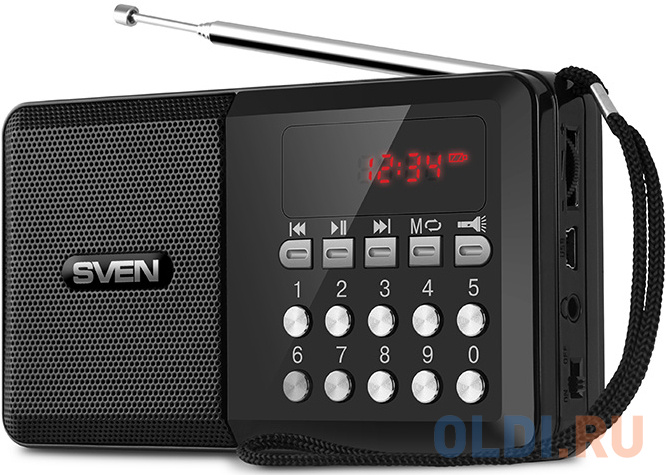 

SVEN PS-60, черный (3 Вт, FM-тюнер, USB, microSD, LED-дисплей, фонарь, 3xAA, 600мА*ч)