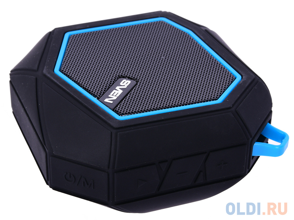 Колонки Sven PS-77, черный-синий,1.0, 5 Вт (RMS), Wateproof (IPx5), Bluetooth, microSD, FM-тюнер, встроенный аккумулятор 5 Вт, 120-20000 Гц, Bluetooth от OLDI