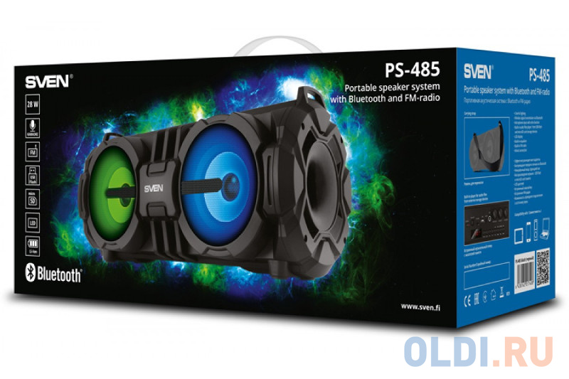 Колонки Sven PS-485, черный, (2.0, мощность 2x14 Вт (RMS), Bluetooth, FM, USB, microSD, LED-дисплей, встроенный аккумулятор) фото