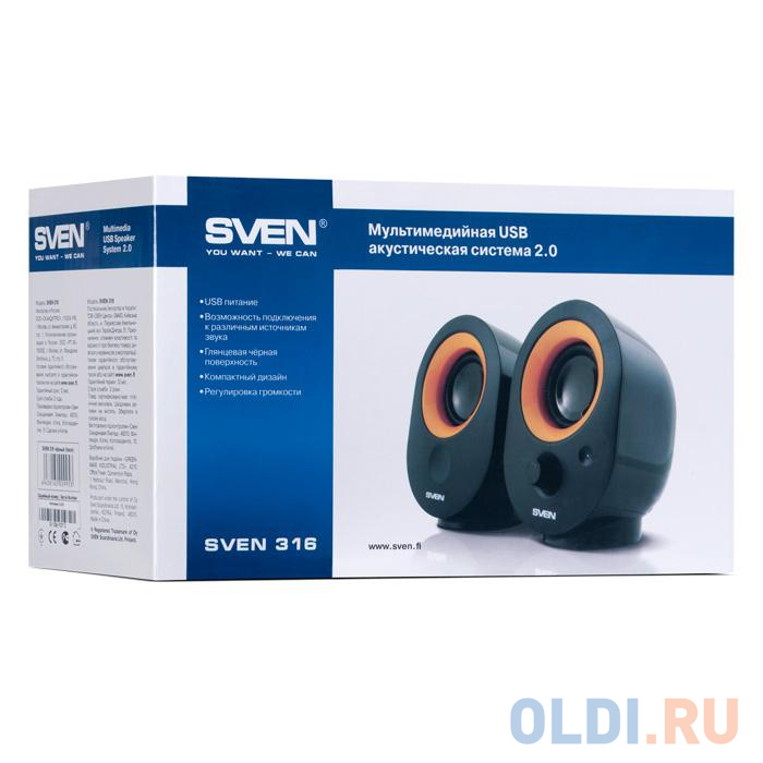 Колонки Sven 316, чёрный, USB, акустическая система 2.0, мощность 2х2 Вт(RMS) фото