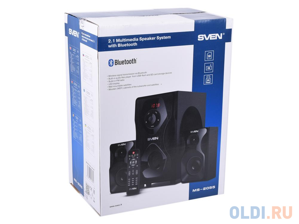 Колонки Sven MS-2055,2.1 чёрный ((RMS):30Вт + 2x12.5 Вт, FM-тюнер, USB/SD, дисплей, пульт ДУ, Bluetooth) от OLDI