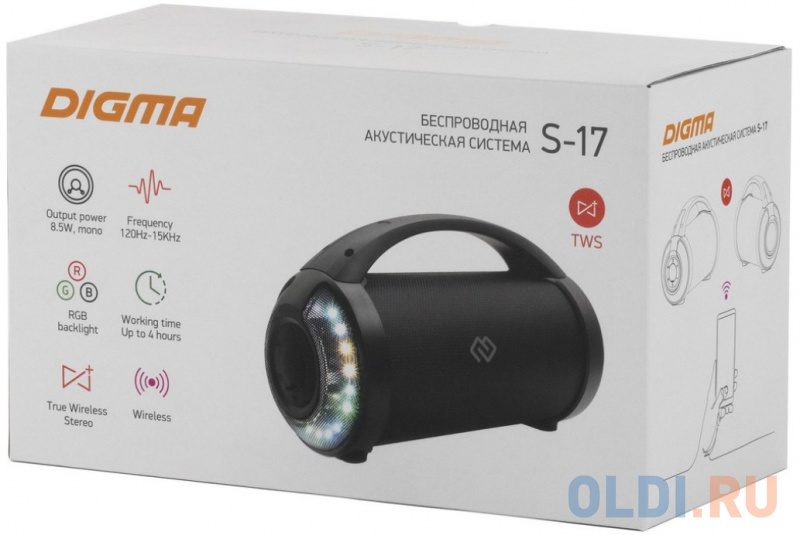Колонка порт. Digma S-17 черный 8.5W 1.0 BT/3.5Jack/USB 10м 1500mAh фото