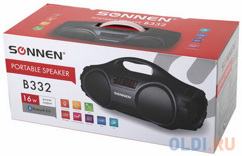 Колонка портативная SONNEN B332, 16 Вт, Bluetooth, FM-тюнер, microSD, MP3-плеер, черная, 513480 фото