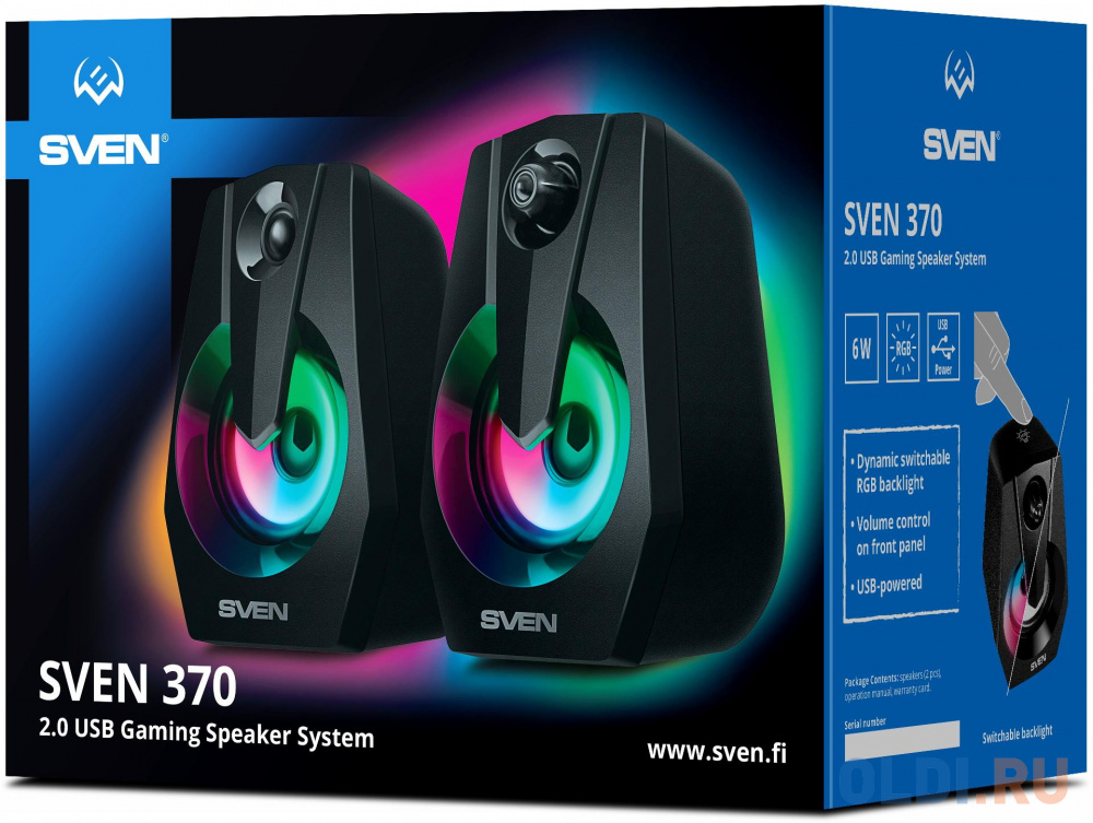 Колонки Sven 370 2.0 чёрные (2x2W, USB, RGB подсветка) фото