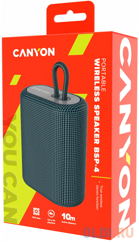 Canyon BSP-4 Bluetooth Speaker, BT V5.0, BLUETRUM AB5365A, TF card support, Type-C USB port, 1200mAh polymer battery, Dark grey, cable length 0.42m, 1 фото