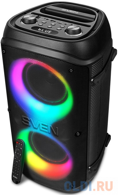 Мобильные колонки SVEN PS-800 2.0 чёрные (2x50 W, mini Jack, 2 х 6.35 мм Jack, USB, NFC, Bluetooth, FM, micro SD, ПДУ, 2 x 4400 мA, LED подсветка) фото