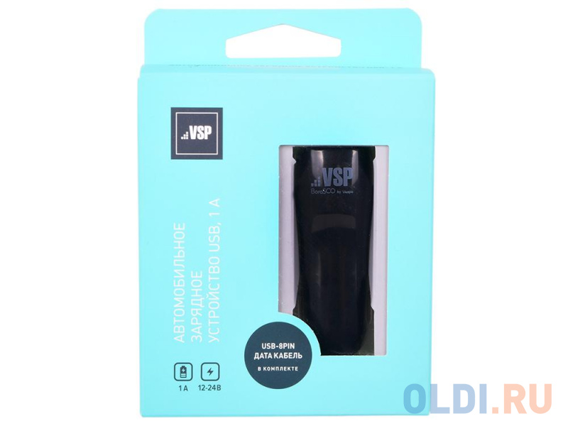 

Автомобильное зарядное устройство BoraSCO 1 USB, 1A + Дата-кабель 8pin, 1м (черный),