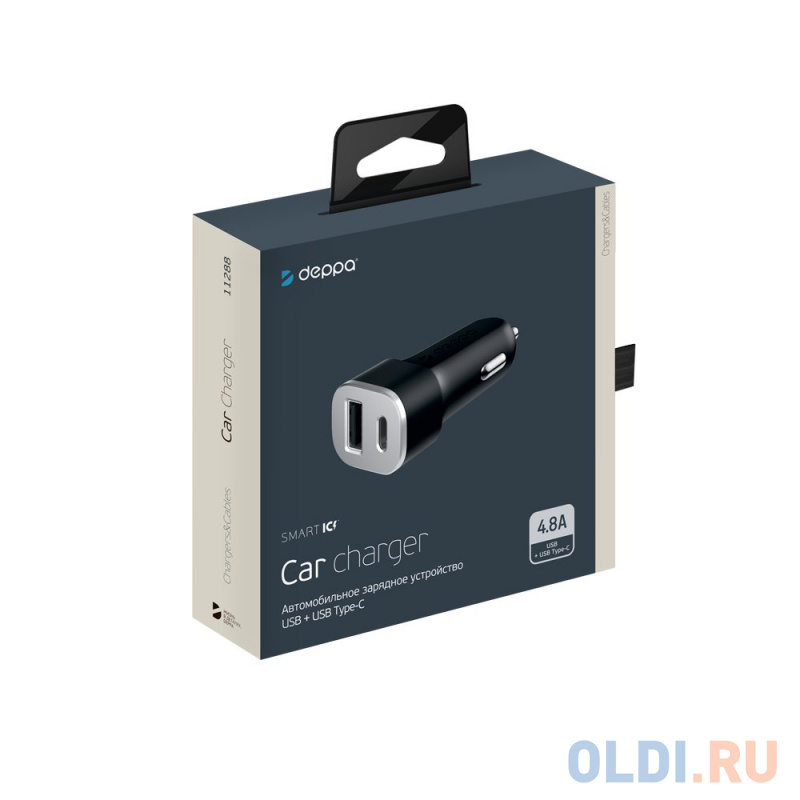 

Автомобильное зарядное устройство Deppa USB + USB Type-C 4.8А, черный