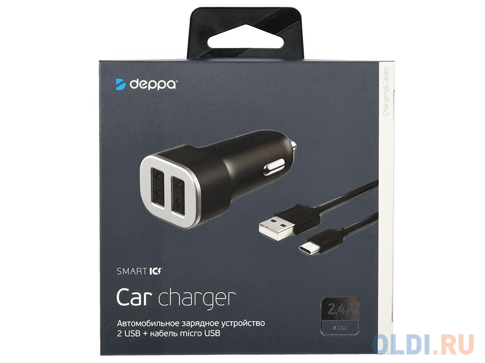 Автомобильное зарядное устройство Deppa 2 USB 2.4А + кабель micro USB, черный 11283 - фото 2