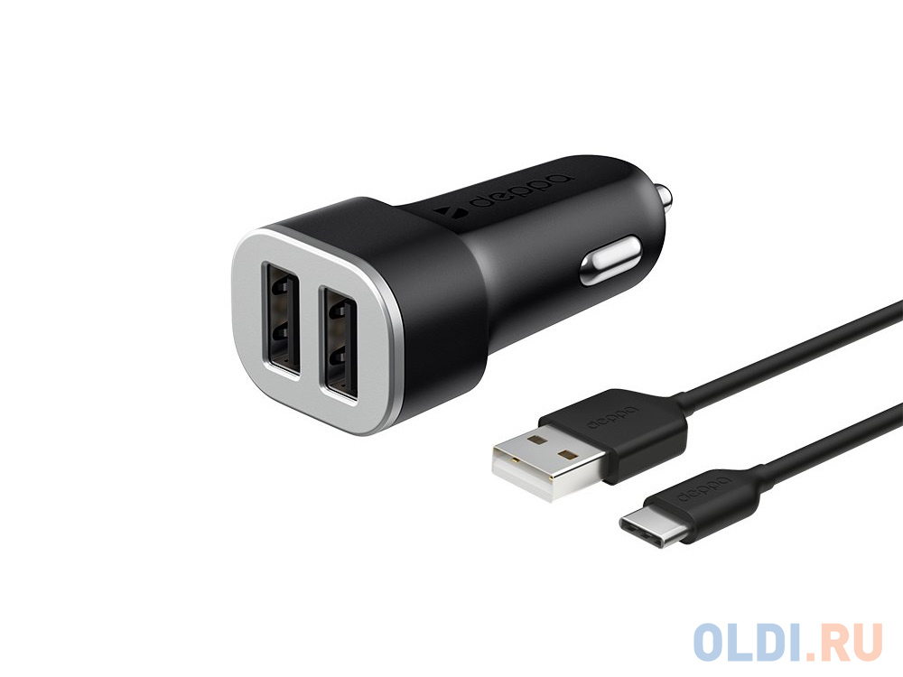 Автомобильное зарядное устройство Deppa 2 USB 2.4А + кабель USB Type-C, черный автомобильное зарядное устройство deppa 2 usb 2 1а дата кабель micro usb черный 11206