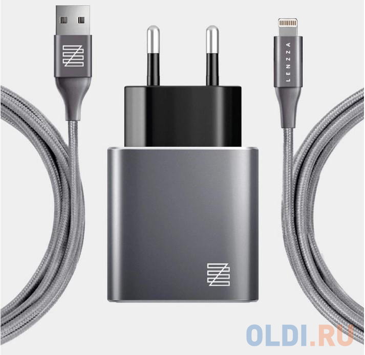 

Сетевое зарядное устройство LENZZA Piazza Metallic Wall Charger. Два порта USB 5В, 2,1А. В комплекте: кевларовый кабель Lightning to USB Cable. Цвет графит.
