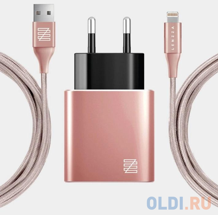 

Сетевое зарядное устройство LENZZA Piazza Metallic Wall Charger. Два порта USB 5В, 2,1А. В комплекте: кевларовый кабель Lightning to USB Cable. Цвет розовое золото.
