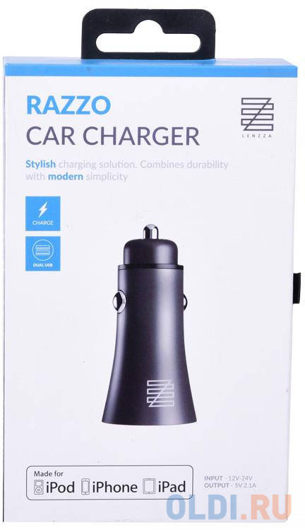 

Автомобильное зарядное устройство LENZZA Razzo Metallic Car Charger. Два порта USB 5В, 2,1А. Цвет черный.