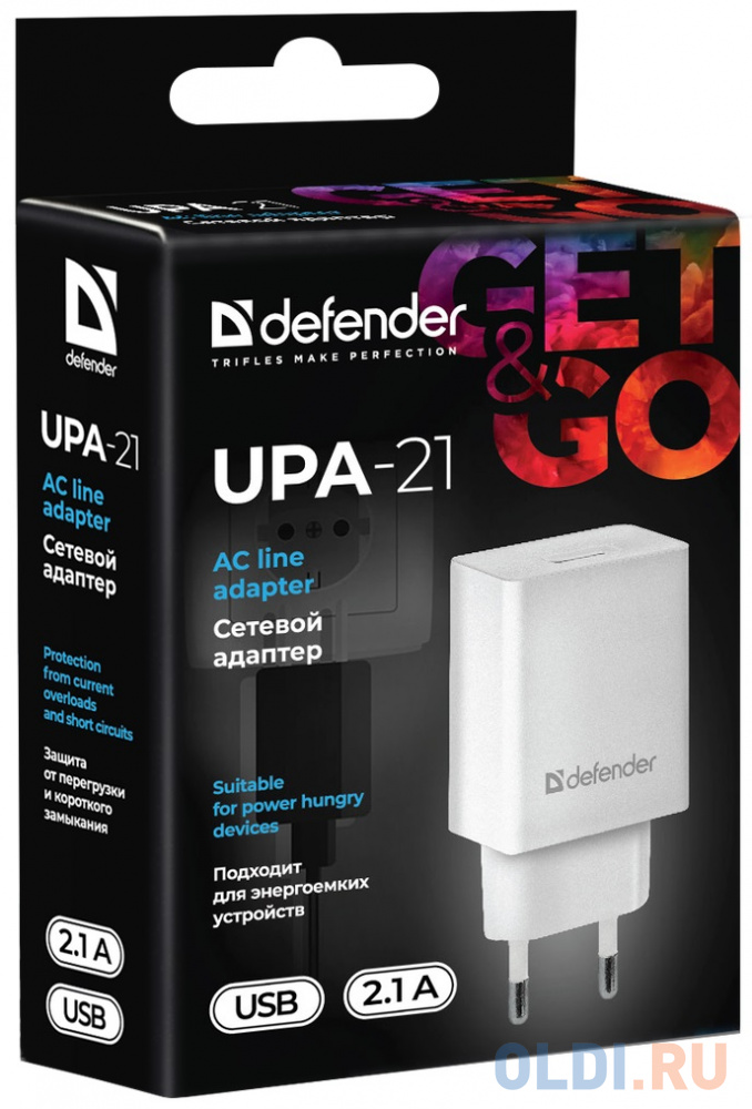 Сетевой адаптер Defender UPA-21 белый, 1xUSB, 5V/2.1А фото