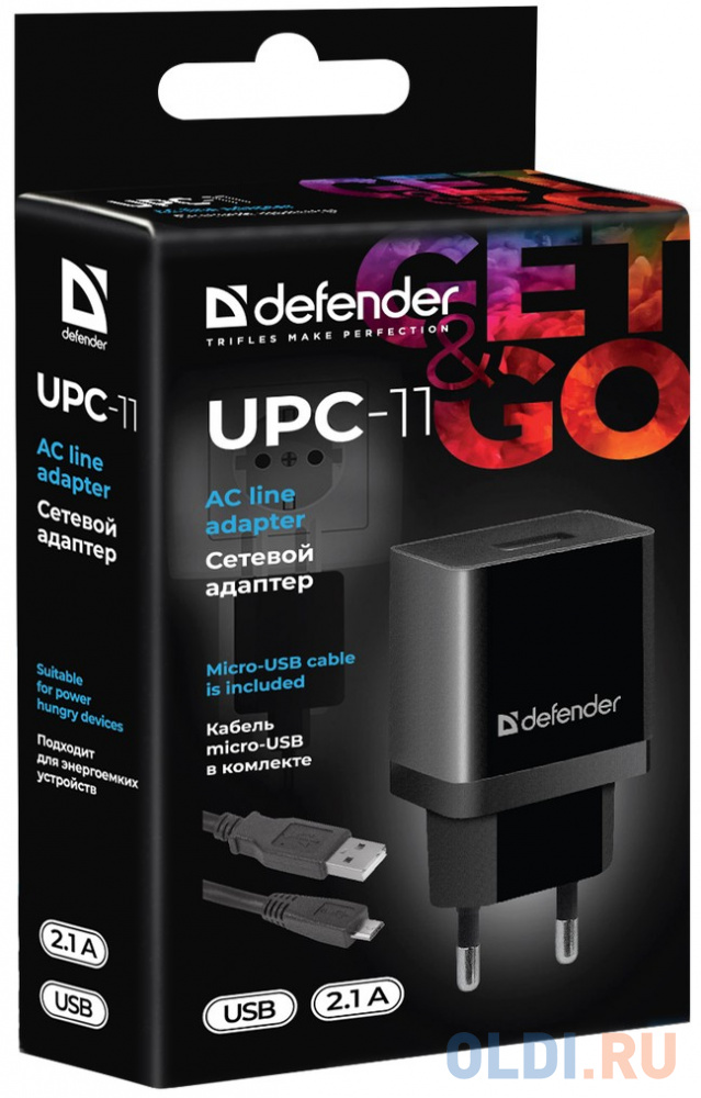 Сетевой адаптер Defender UPC-11 1xUSB,5V/2.1А,кабель micro-USB фото