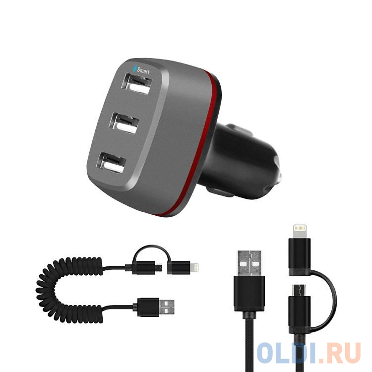 

Автомобильное зарядное устройство (3 USB, 5.1A, Smart Charge+кабель 8pin/micro USB-USB) DF AutoTor-05