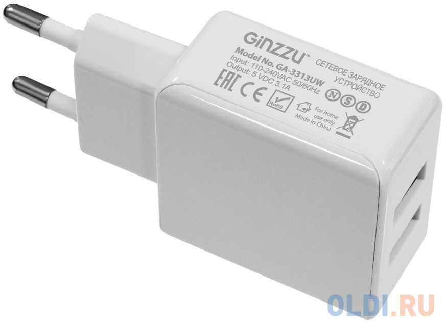 Зарядное устройство/адаптер питания USB от эл.сети GINZZU GA-3313UW 2xUSB 3,1A 5V белый + кабель Apple Lightning 1м - фото 2