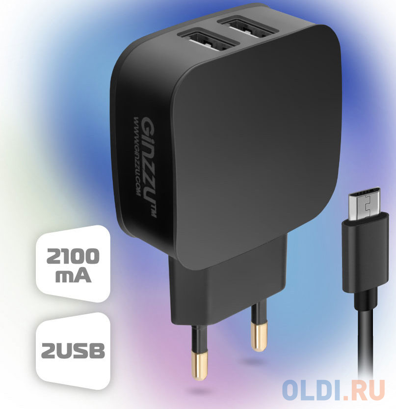 

Зарядное устройство GINZZU GA-3010UB 220V->5V 2А microUSB черный