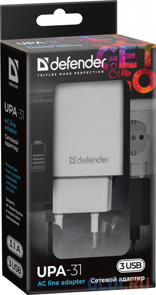 Defender Сетевой адаптер 3xUSB, 5V/3.1А , белый (UPA-31) (83587) - фото 3