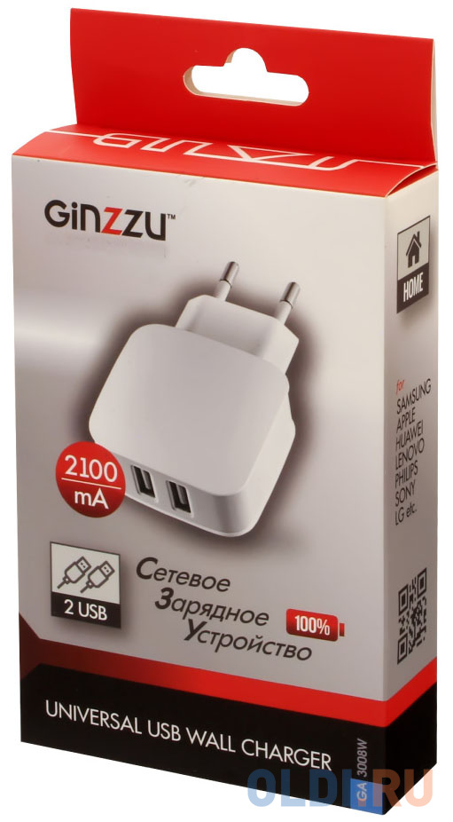 

Сетевое зарядное устройство GINZZU GA-3008W 2.1A 2 х USB белый