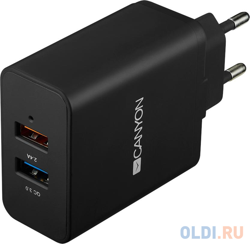 Зарядное устроиство от сети питания CANYON Universal 2xUSB AC charger (in wall) with over-voltage protection(1 USB with Quick Charger QC3.0), Input 100V-240V, Output USB/5V-2.4A+QC3.0/5V-2.4A&9V-2A&12V-1.5A, with Smart IC, Black rubber coating+QC3.0 port  CNE-CHA07B - фото 1