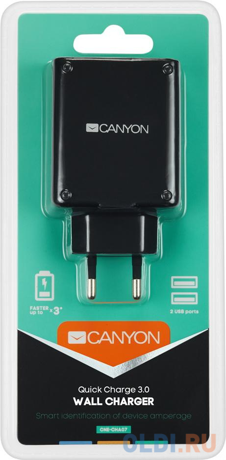Зарядное устроиство от сети питания CANYON Universal 2xUSB AC charger (in wall) with over-voltage protection(1 USB with Quick Charger QC3.0), Input 100V-240V, Output USB/5V-2.4A+QC3.0/5V-2.4A&9V-2A&12V-1.5A, with Smart IC, Black rubber coating+QC3.0 port  CNE-CHA07B - фото 3