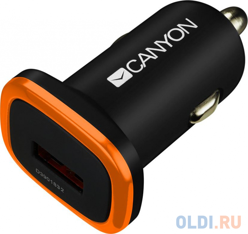 Автомобильное зарядное устройство CANYON Universal 1xUSB car adapter, Input 12V-24V, Output 5V-1A, black rubber coating with orange electroplated ring(without LED backlighting)