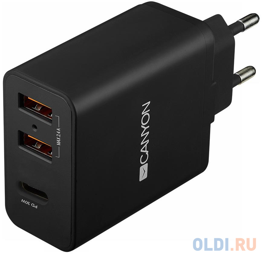 Зарядное устроиство от сети питания CANYON Universal 3xUSB AC charger (in wall) with over-voltage protection(1 USB-C with PD Quick Charger), Input 100V-240V, Output USB-A/5V-2.4A+USB-C/PD30W, with Smart IC, Black Glossy Color+orange plastic part of USB CNE-CHA08B - фото 1