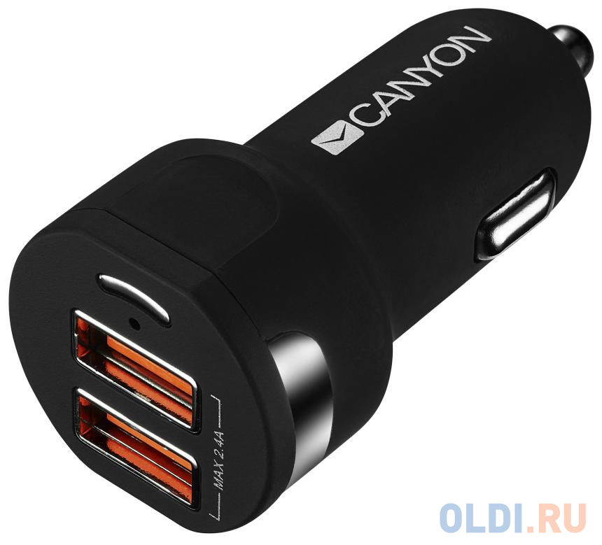    CANYON Universal 2xUSB car adapter, Input 12V-24V, Output 5V-2.4A, with Smart IC, black rubber coating with silver e