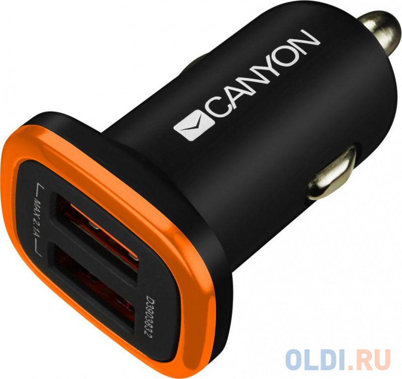 Автомобильное зарядное устройство CANYON Universal 2xUSB car adapter, Input 12V-24V, Output 5V-2.1A, with Smart IC, black rubber coating with orange electroplated ring(without LED backlighting, цвет черный