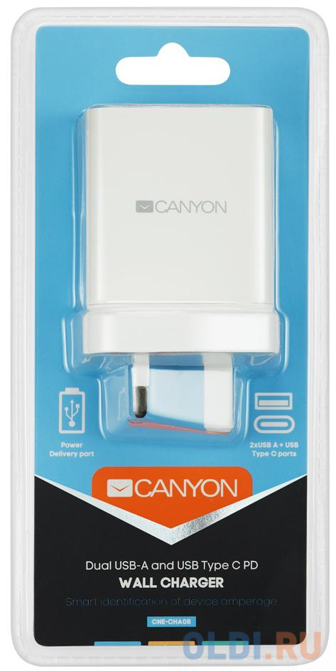 Сетевое зарядное устройство Canyon CNE-CHA08W 2.4А белый CANYON Universal 3xUSB AC charger (in wall) with over-voltage protection(1 USB-C with PD Quick Charg - фото 3