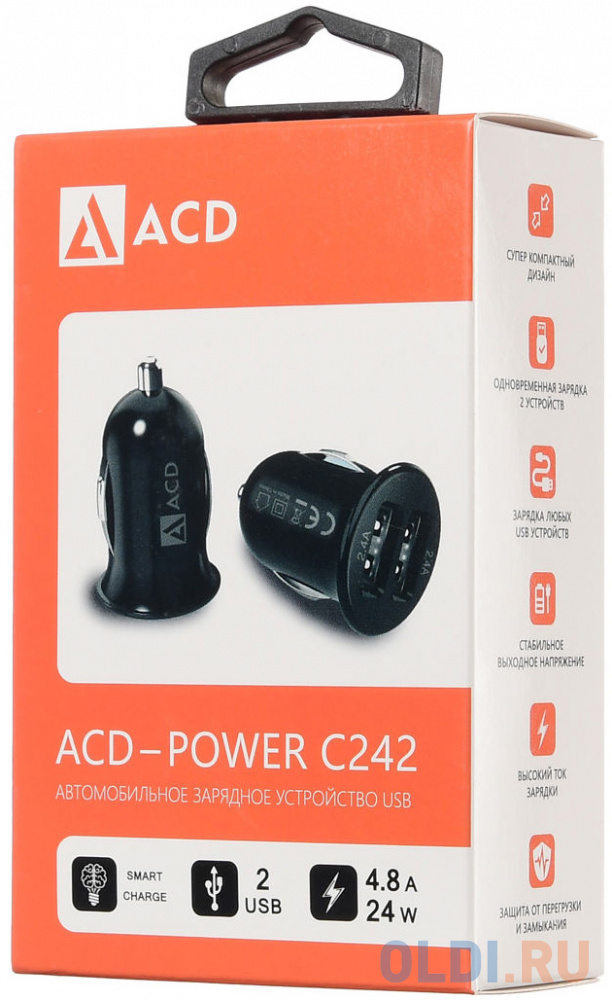 Автомобильное зарядное устройство ACD ACD-C242-X1B 4.8 А черный зу 2 0a л3 устройство зарядное 2 0а felisatti